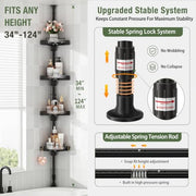 shuang qing 360° Rotating Corner Shower Caddy Tension Pole Organizer, Black | 4-Tier rotating shelves with hooks, adjustable tray height, upgraded rustproof metal pole, removable trays for shower storage