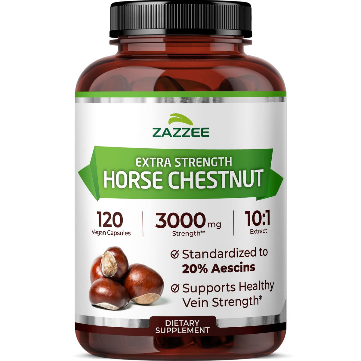 Zazzee Extra Strength Horse Chestnut 10:1 Extract, 20% Aescins, Vegan | 120 Capsules, 4 Month Supply, Aesculus Hippocastanum, Healthy Circulation & Blood Flow Support, Non-GMO, Made in the USA