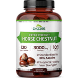 Zazzee Extra Strength Horse Chestnut 10:1 Extract, 20% Aescins, Vegan | 120 Capsules, 4 Month Supply, Aesculus Hippocastanum, Healthy Circulation & Blood Flow Support, Non-GMO, Made in the USA
