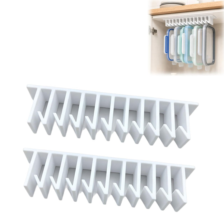 Lid Loft Lid Organizer, 10-Slot Hanging Organizer in Cabinet, Under Cabinet Lid Organizer for Food Containers, Cabinet Mounted Kitchen Lid Rack for Plastic and Glass Container Covers (White-2PC)