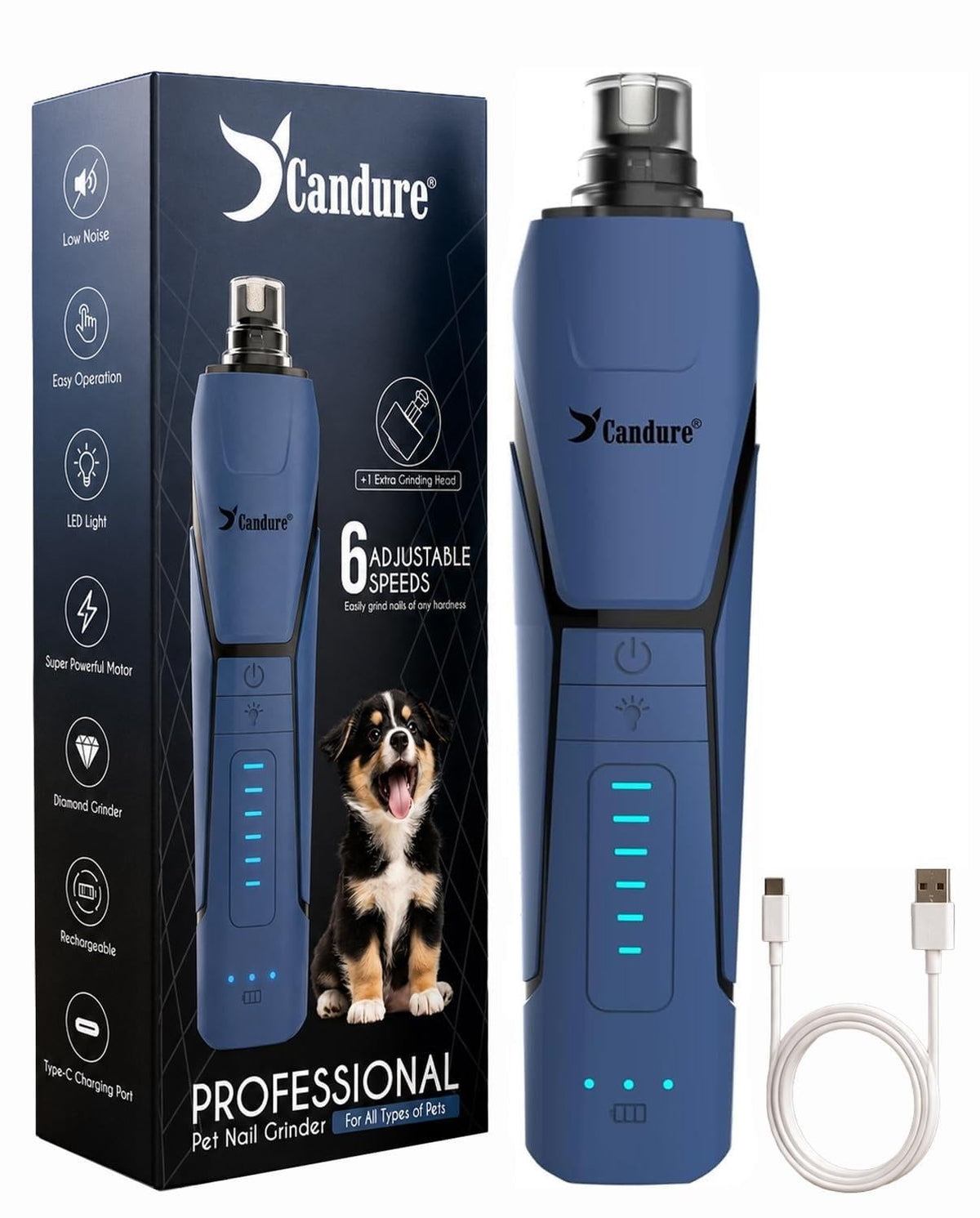 Candure Whisper Quiet Dog Nail Grinder with 360 Degree LED Light, 6-Speed Rechargeable Pet Nail Trimmers with Extra Grinding Head for Safe, Stress-Free Grooming for All Pet Sizes (Dark Blue)